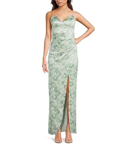 Honey and Rosie Floral Printed V-Neck Bustier Side Drape Dress