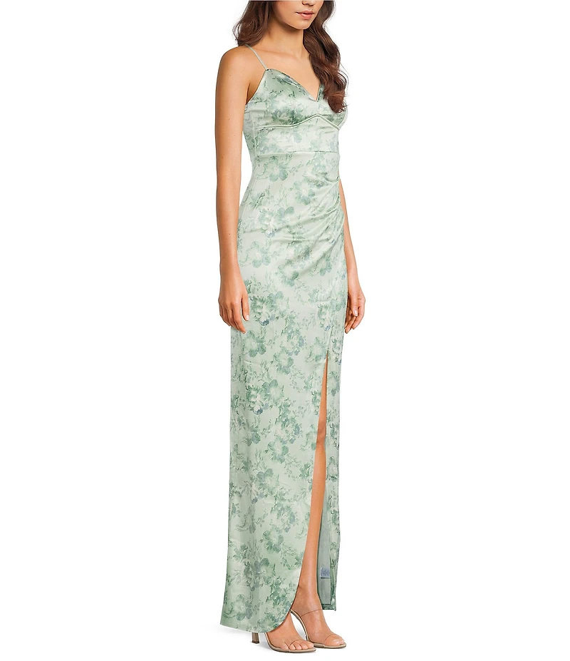 Honey and Rosie Floral Printed V-Neck Bustier Side Drape Dress