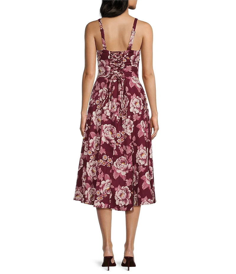 Honey and Rosie Floral Sateen Sweetheart Neck A-Line Midi Dress