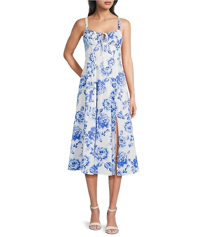 Honey and Rosie Floral Sateen Sweetheart Neck A-Line Midi Dress