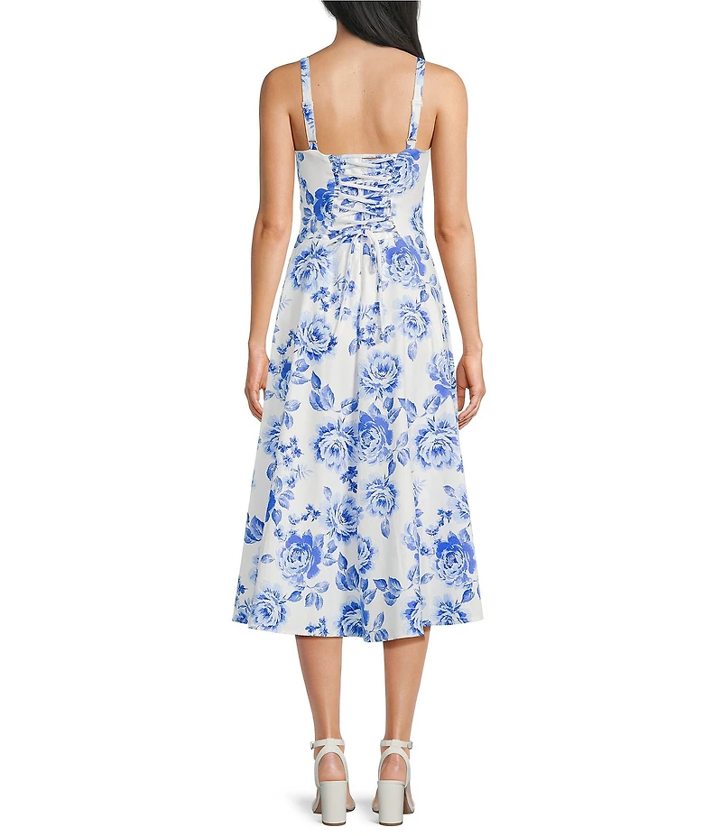Honey and Rosie Floral Sateen Sweetheart Neck A-Line Midi Dress