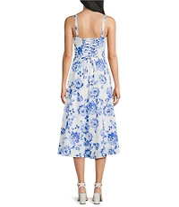 Honey and Rosie Floral Sateen Sweetheart Neck A-Line Midi Dress