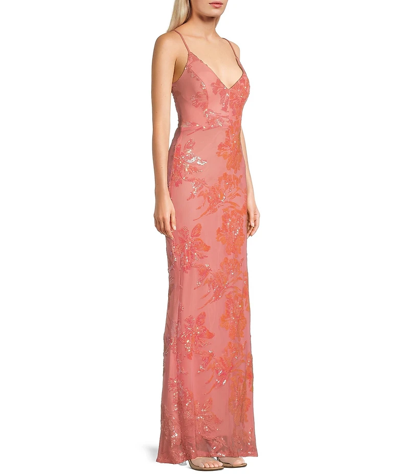 Honey and Rosie Floral Sequin Spaghetti Strap V-Neck Dress