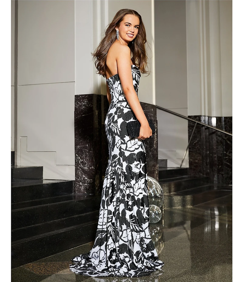 Honey and Rosie Floral Sequin Strapless Mermaid Dress