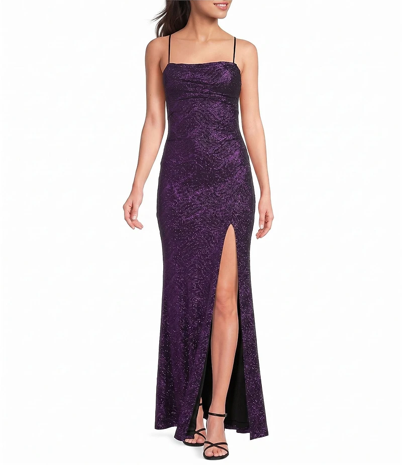 Honey and Rosie Glitter Cowl Neck Front Slit Long Dress