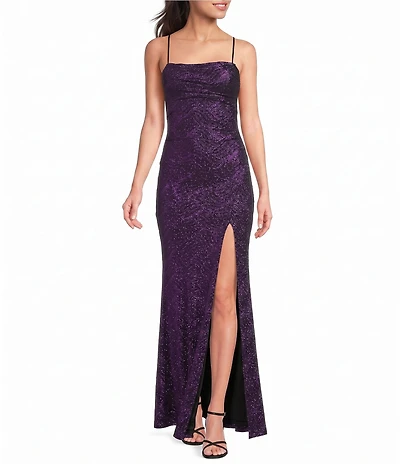 Honey and Rosie Glitter Cowl Neck Front Slit Long Dress