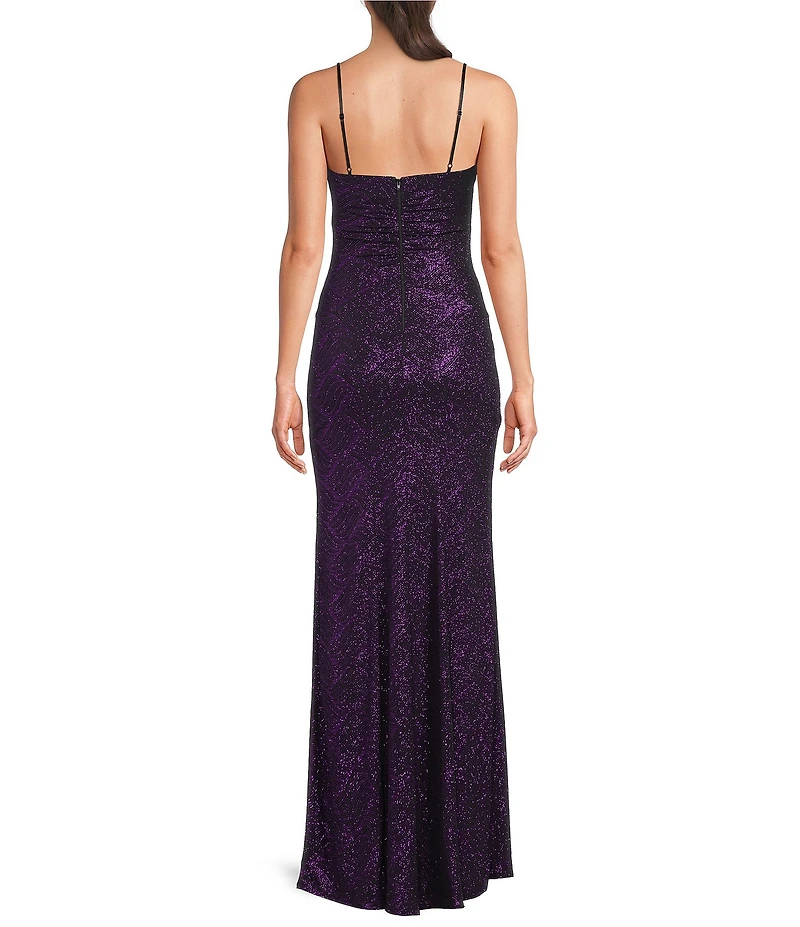 Honey and Rosie Glitter Cowl Neck Front Slit Long Dress