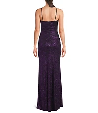 Honey and Rosie Glitter Cowl Neck Front Slit Long Dress
