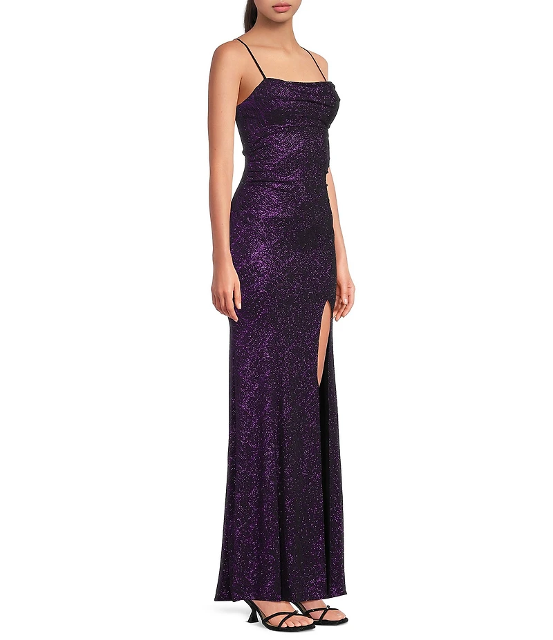 Honey and Rosie Glitter Cowl Neck Front Slit Long Dress