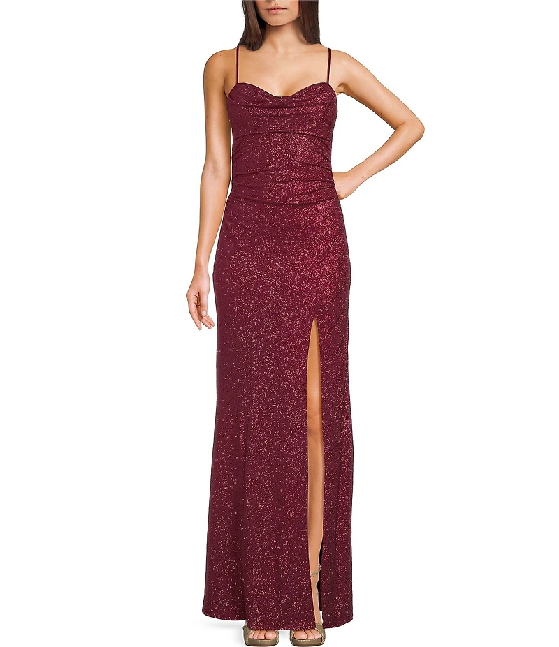 Honey and Rosie Glitter Cowl Neck Front Slit Long Dress