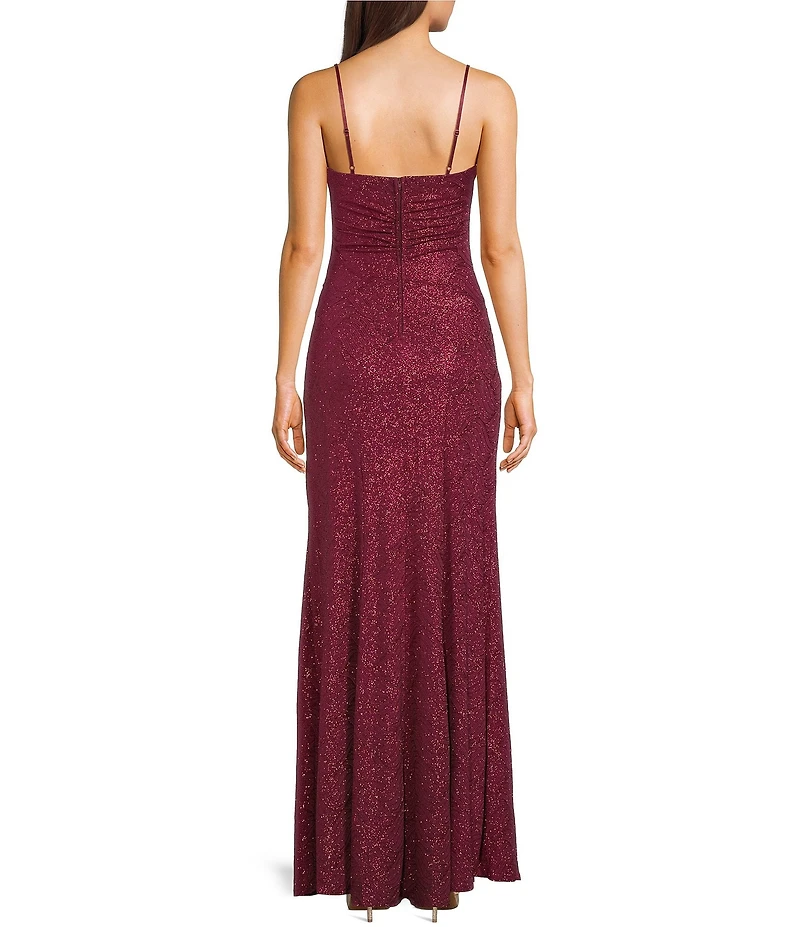 Honey and Rosie Glitter Cowl Neck Front Slit Long Dress