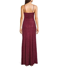 Honey and Rosie Glitter Cowl Neck Front Slit Long Dress