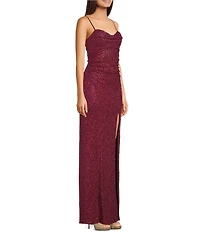 Honey and Rosie Glitter Cowl Neck Front Slit Long Dress