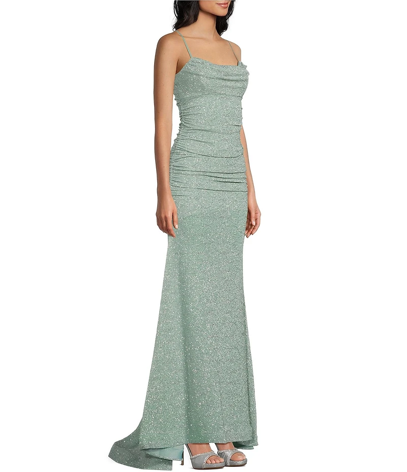 Honey and Rosie Glitter Cowl Neck Shirred Flared Hem Dress