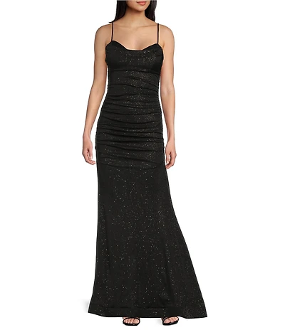 Honey and Rosie Glitter Drape Neck Adjustable Strap Shirred Gown