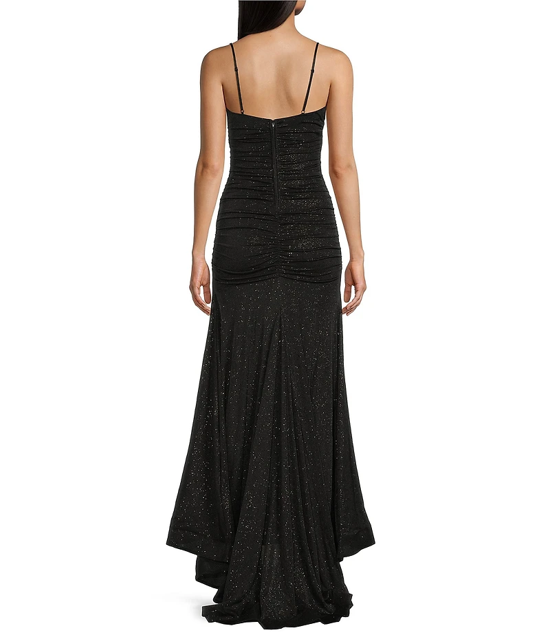 Honey and Rosie Glitter Drape Neck Adjustable Strap Shirred Gown
