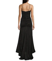 Honey and Rosie Glitter Drape Neck Adjustable Strap Shirred Gown
