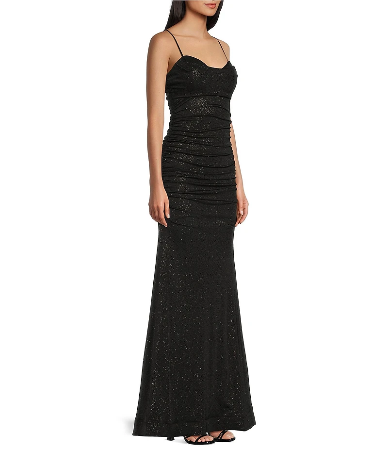 Honey and Rosie Glitter Drape Neck Adjustable Strap Shirred Gown