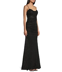 Honey and Rosie Glitter Drape Neck Adjustable Strap Shirred Gown