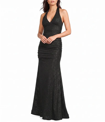 Honey and Rosie Glitter Halter V-Neck Shirred Tie-Back Dress