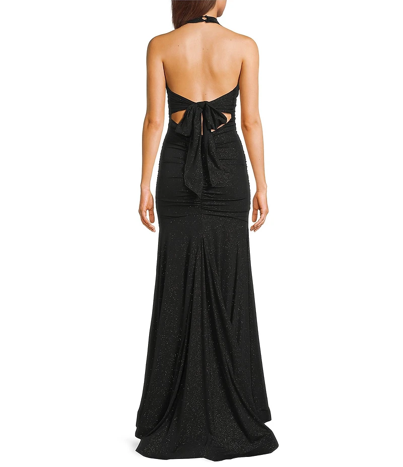 Honey and Rosie Glitter Halter V-Neck Shirred Tie-Back Dress