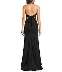 Honey and Rosie Glitter Halter V-Neck Shirred Tie-Back Dress