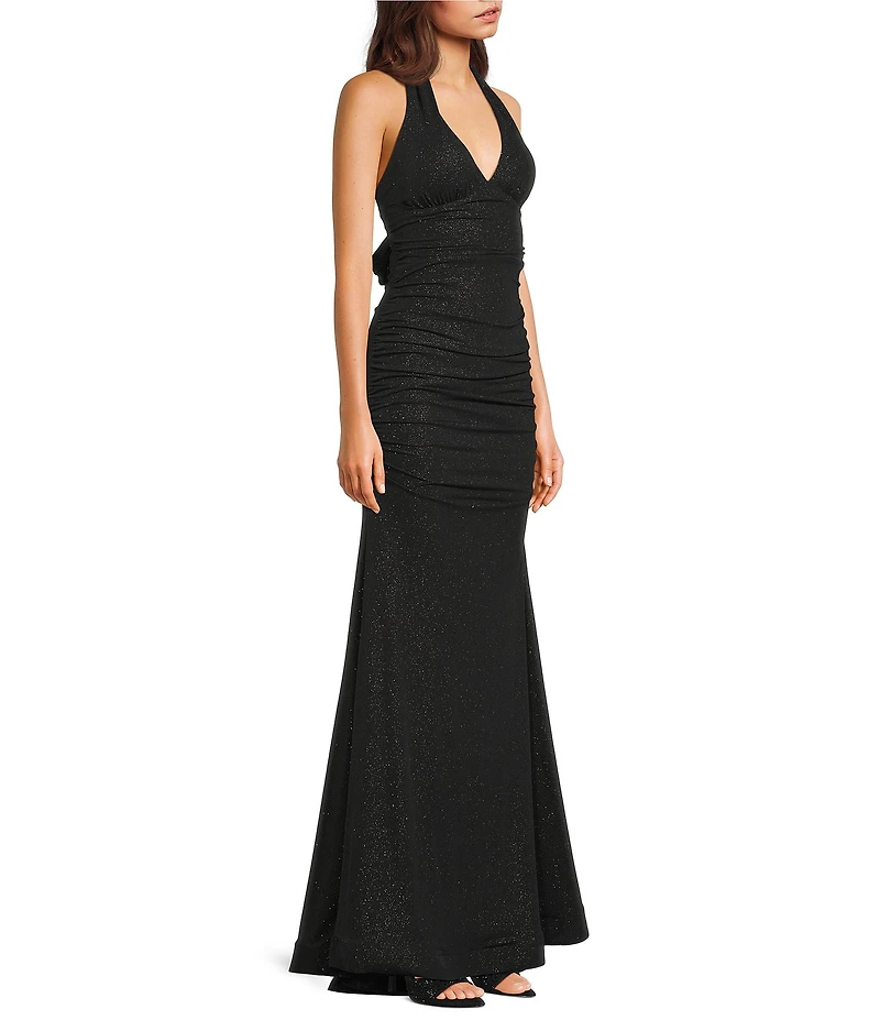 Honey and Rosie Glitter Halter V-Neck Shirred Tie-Back Dress