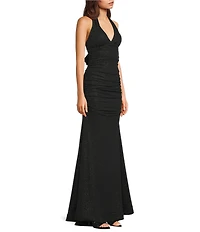 Honey and Rosie Glitter Halter V-Neck Shirred Tie-Back Dress