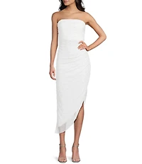 Honey and Rosie Glitter Knit Pearl Embellished Strapless Asymmetrical Hem Midi Dress