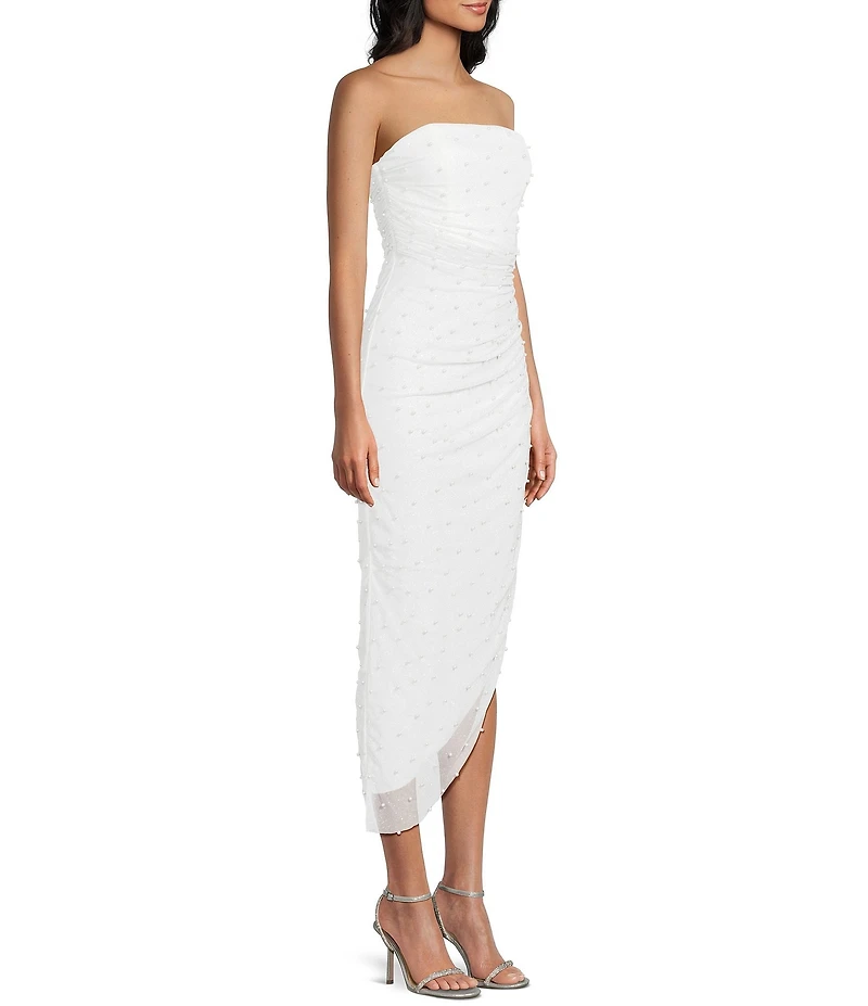 Honey and Rosie Glitter Knit Pearl Embellished Strapless Asymmetrical Hem Midi Dress