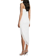 Honey and Rosie Glitter Knit Pearl Embellished Strapless Asymmetrical Hem Midi Dress