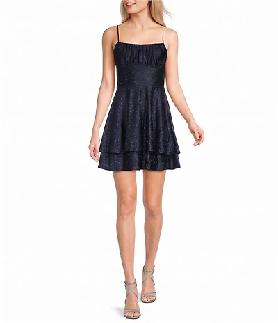 Honey and Rosie Glitter Knit Sweetheart Neck Tiered Mini Dress