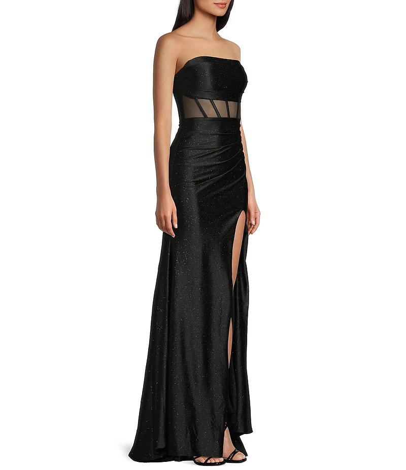 Honey and Rosie Glitter Knit Strapless Corset Front Slit Gown