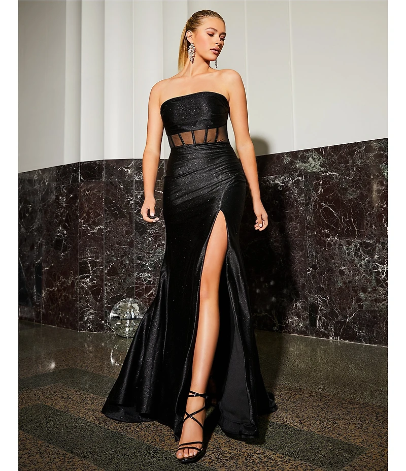 Honey and Rosie Glitter Knit Strapless Corset Front Slit Gown