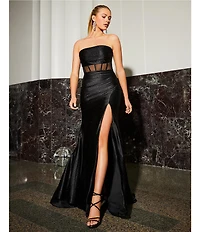 Honey and Rosie Glitter Knit Strapless Corset Front Slit Gown