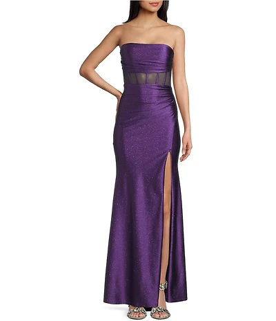 Honey and Rosie Glitter Knit Strapless Illusion Corseted Side Slit Dress