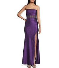 Honey and Rosie Glitter Knit Strapless Illusion Corseted Side Slit Dress