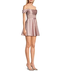 Honey and Rosie Glitter Knit Strapless Off-The-Shoulder Pleated Bodice Mesh Illusion Corset Dress