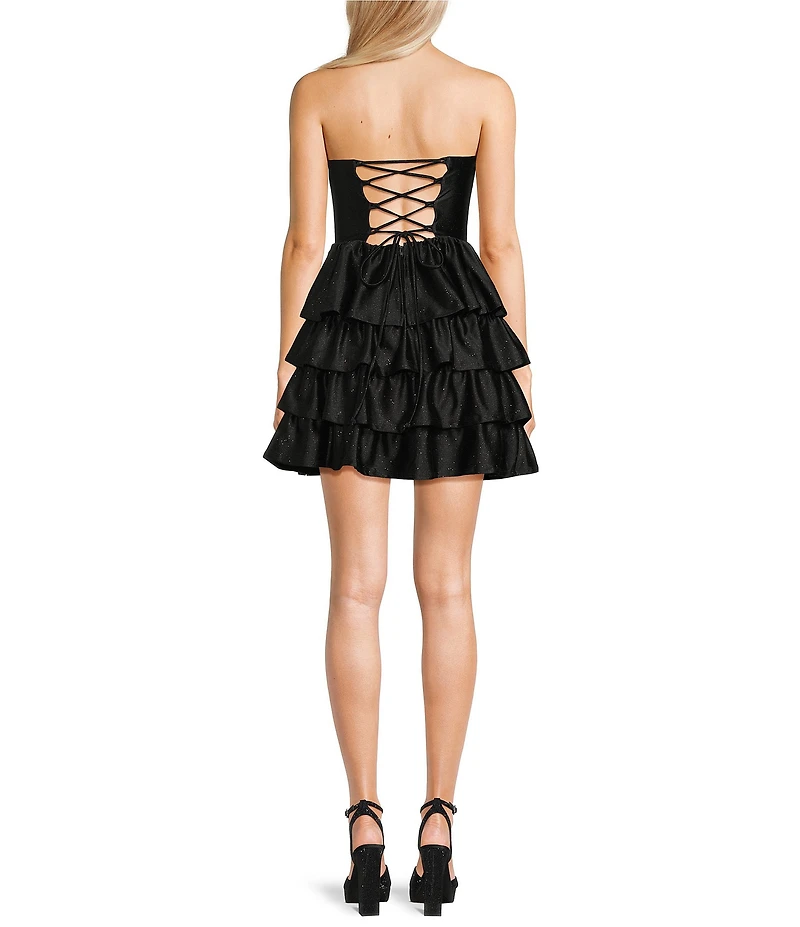 Honey and Rosie Glitter Knit Strapless Tiered Lace Up Tie Back Fit And Flare Dress