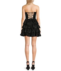Honey and Rosie Glitter Knit Strapless Tiered Lace Up Tie Back Fit And Flare Dress