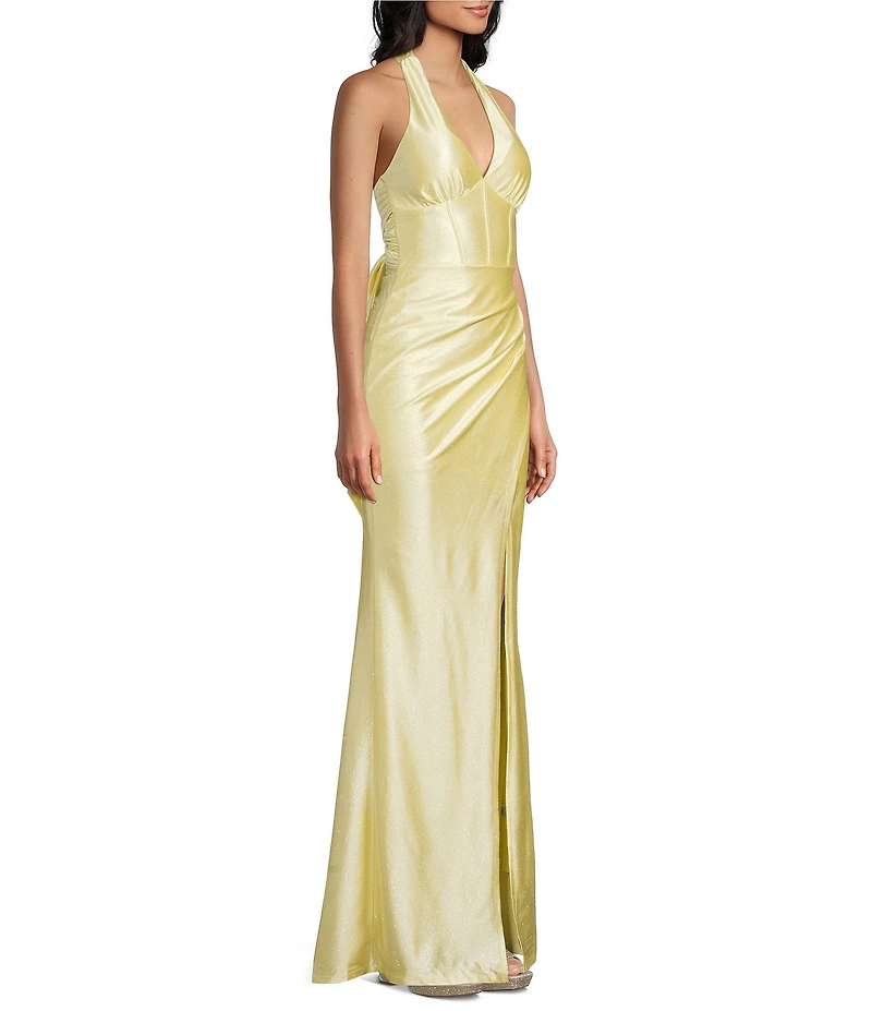 Honey and Rosie Glitter Knit V-Neck Halter Corseted Tie Back Side Slit Dress