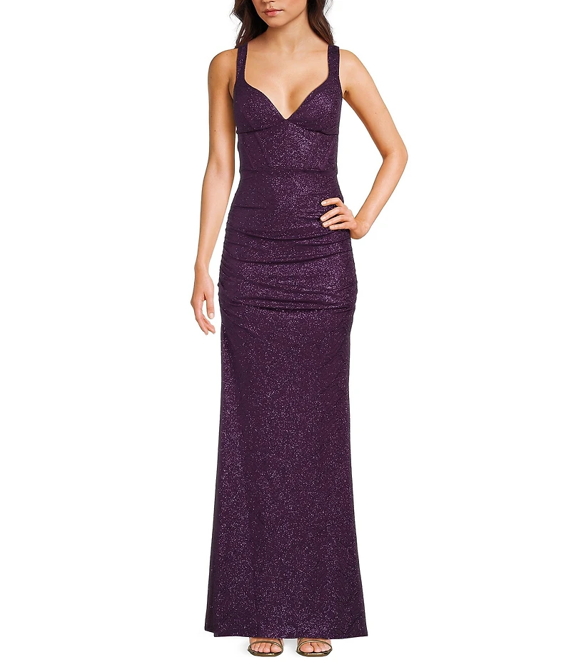 Honey and Rosie Glitter Knit V-Neck Lace-Up Corset Waist Side Slit Dress