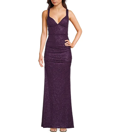 Honey and Rosie Glitter Knit V-Neck Lace-Up Corset Waist Side Slit Dress