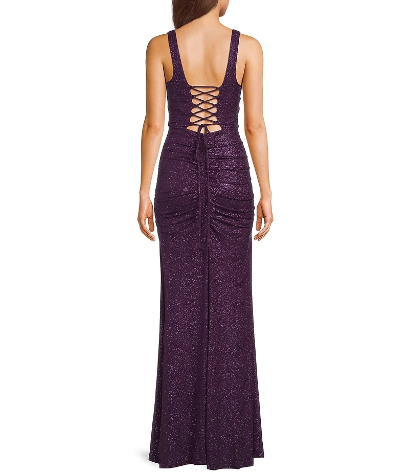 Honey and Rosie Glitter Knit V-Neck Lace-Up Corset Waist Side Slit Dress