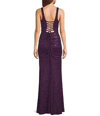Honey and Rosie Glitter Knit V-Neck Lace-Up Corset Waist Side Slit Dress