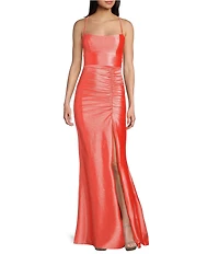Honey and Rosie Glitter Lace-Up Back Front Slit Mermaid Long Dress