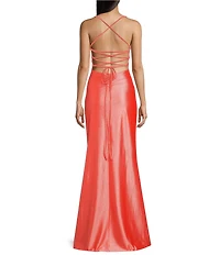 Honey and Rosie Glitter Lace-Up Back Front Slit Mermaid Long Dress