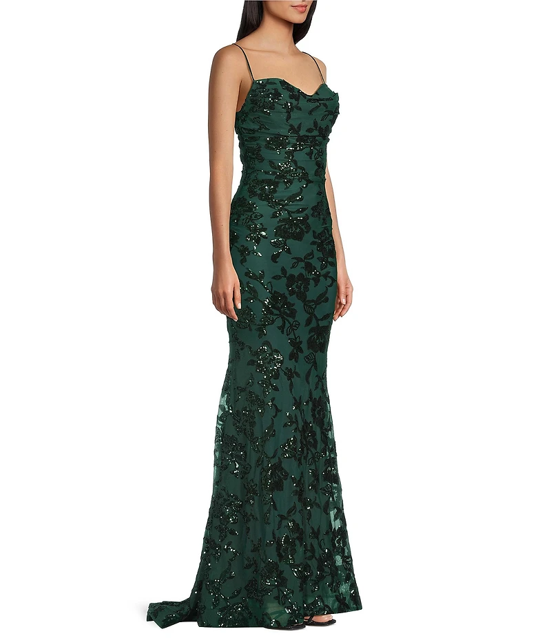 Honey and Rosie Glitter Patterned Cowl Neck Shirred Flare Hem Long Dress