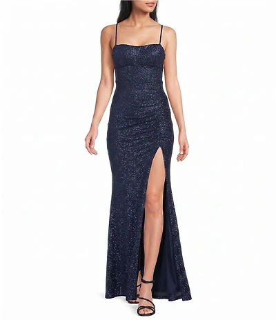 Honey and Rosie Glitter Patterned Lace Up Back Shirred Side Slit Dress