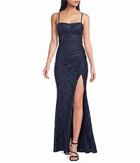 Honey and Rosie Glitter Patterned Lace Up Back Shirred Side Slit Dress